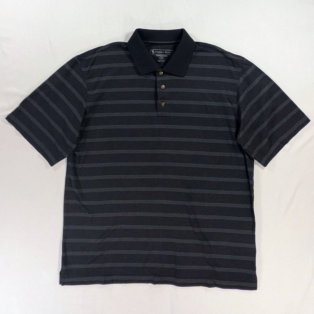 Pebble Beach Performance Golf Polo Shirt Dark Gray Stripes Large preppy